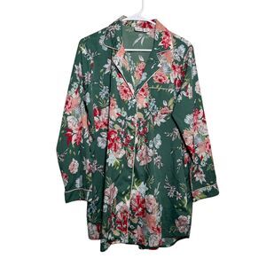 Cupcakes and Cashmere Sleepshirt Women's Medium Green Floral Button Up